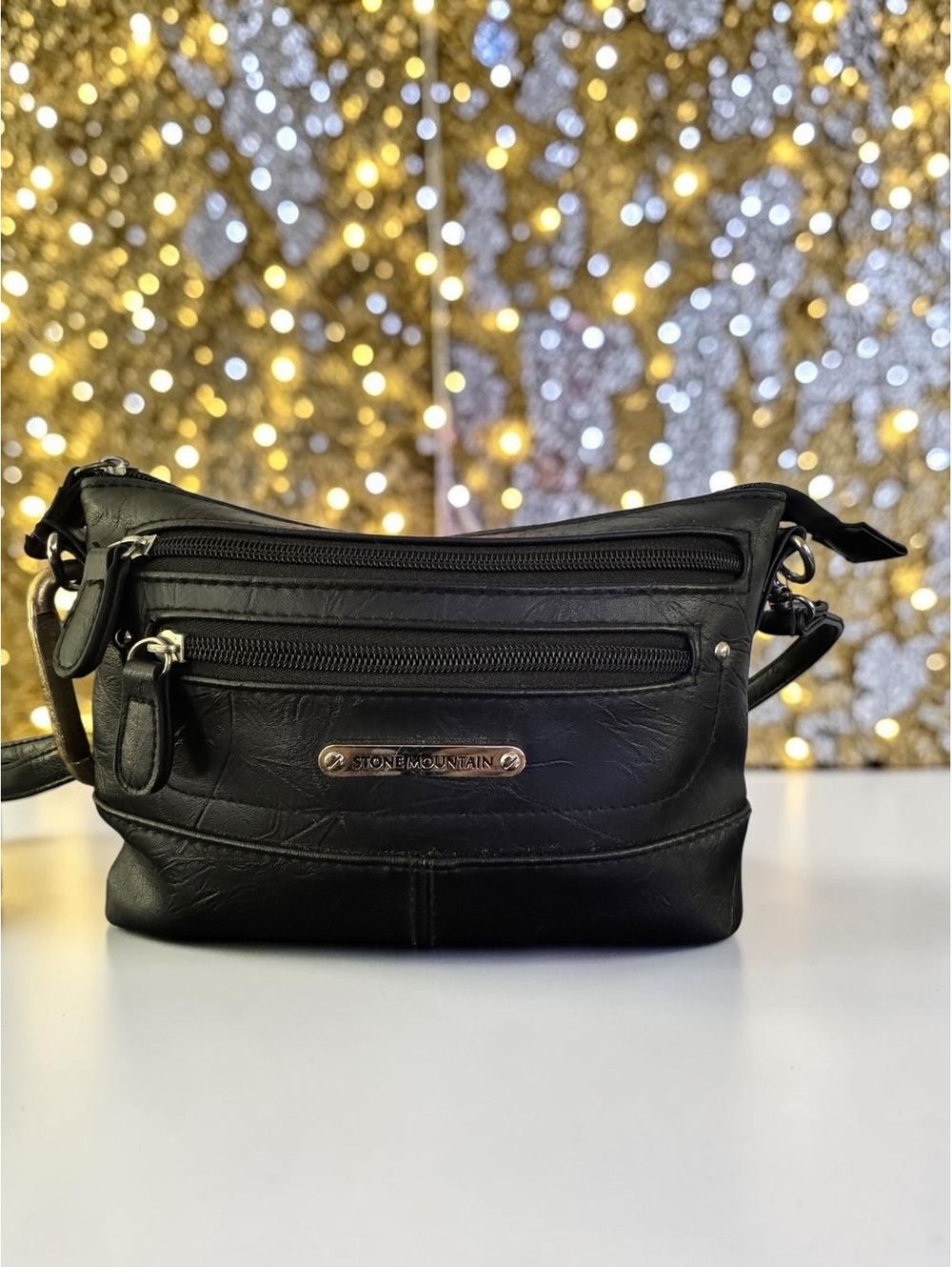 Stone Mountain Black Leather Organizer Crossbody Bag Multi Pocket Zip Y2K